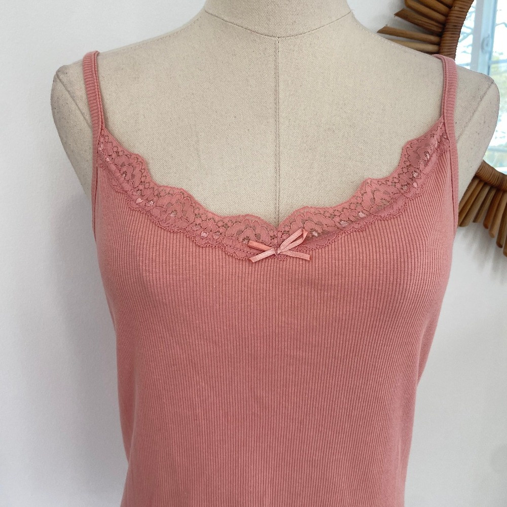 Vintage Y2K Esmara Pink Ribbed Lace Trim Bow Tank Top Coquette Cute M - Picture 2 of 10